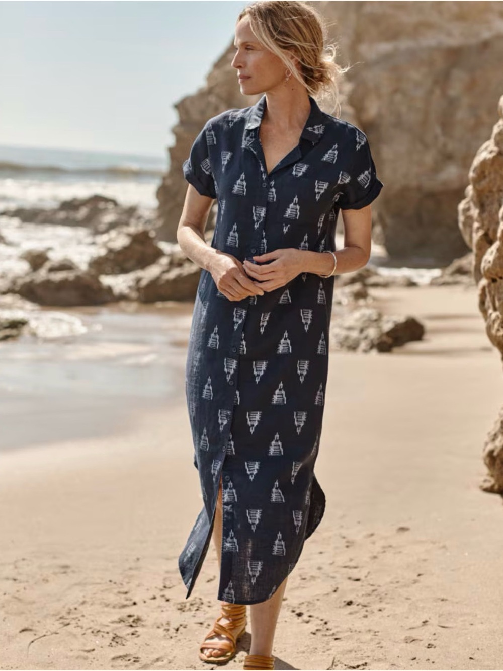 Garnet Hill 100% European Flax Certified Linen Midi Shirtdress –Navy Motif Print